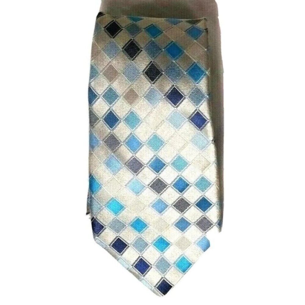 Van Heusen Silk Tie Necktie Mens Silver Blue Gray Diamond Geometric Print